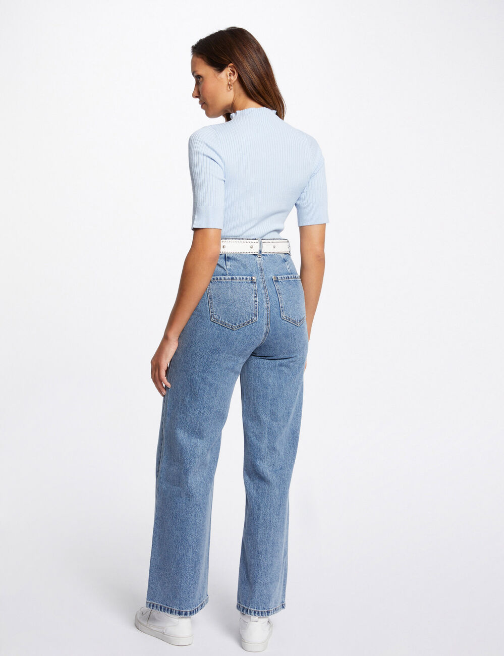 Wijde 7/8 jeans met hoge taille dubbel stone washed denim vrouw