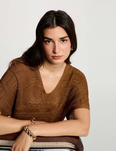 Pull oversize col v camel femme