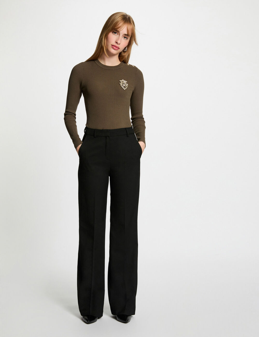 Pull col rond côtelé vert kaki femme