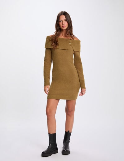 Robe tricot col bardot camel femme
