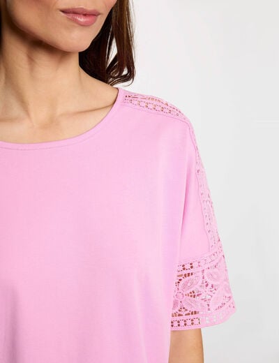 T-shirt dentelle col rond rose femme