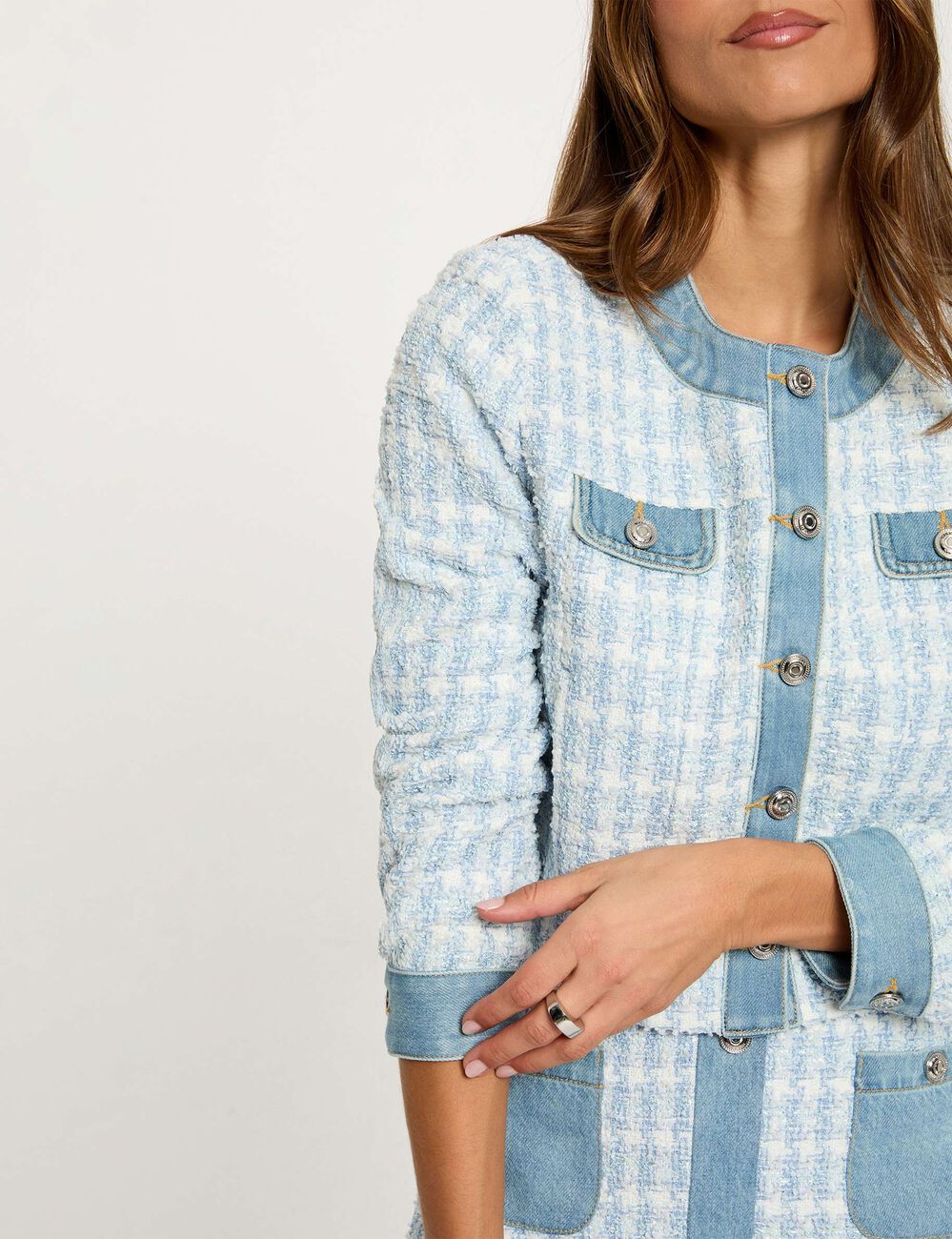 Veste ajust&eacute;e col rond bleu ciel femme