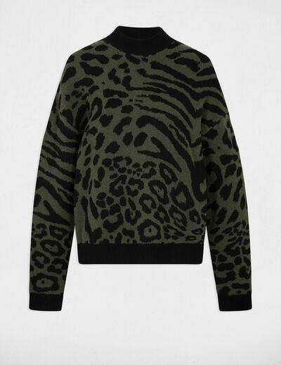Pull court jacquard vert kaki femme