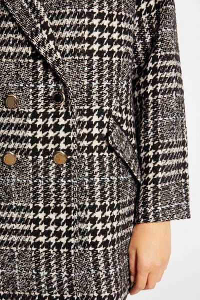Manteau droit imprimé pied de poule ecru femme
