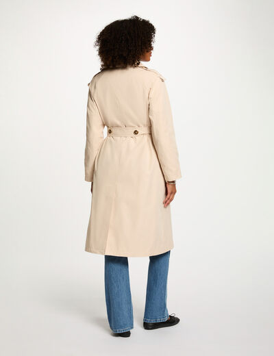 Lange trench met reverskraag zand vrouw