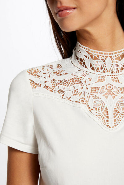 T-shirt manches courtes à dentelle ecru femme