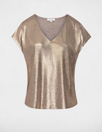 Geribbelde V-hals T-shirt kleur bronze vrouw
