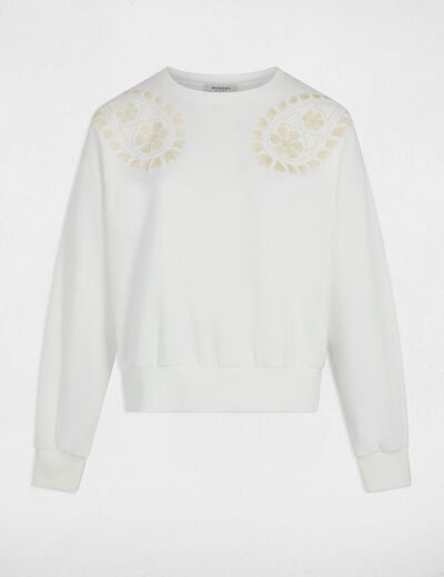 Pull maille brod&eacute;e blanc femme