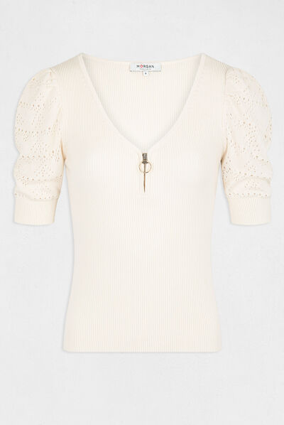 Pull manches courtes avec col en V ivoire femme