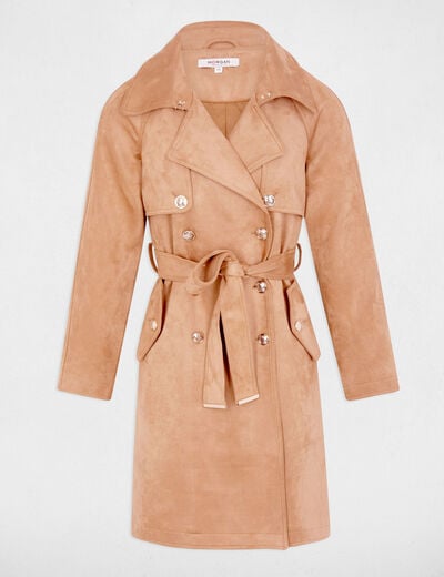 Lange su&egrave;de trenchcoat marron clair vrouw
