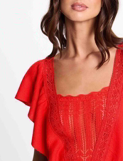 Pull manches courtes dentelle orange femme