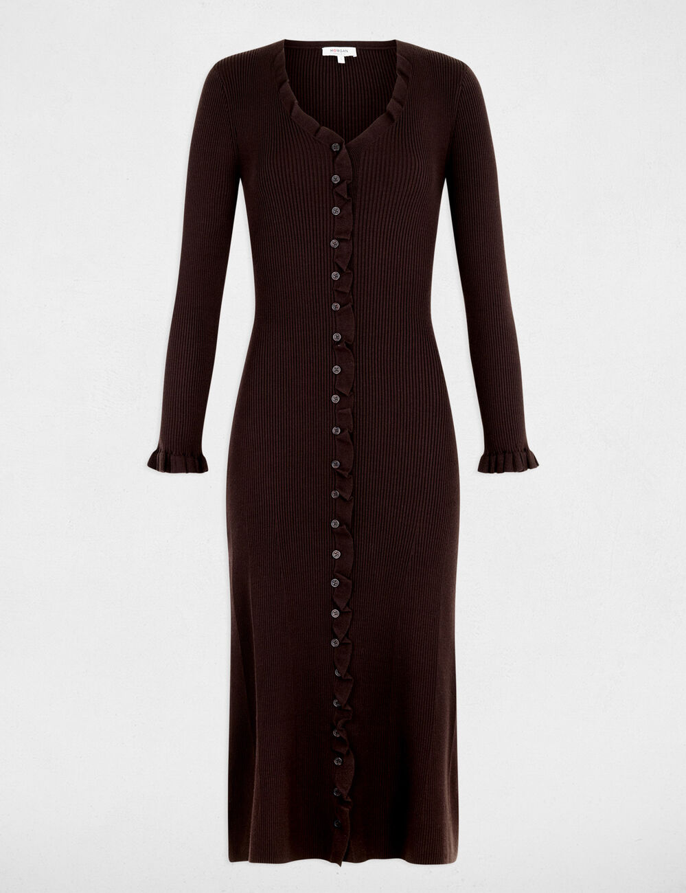 Robe tricot longue col v marron fonc&eacute; femme