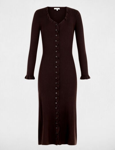 Robe tricot longue col v marron fonc&eacute; femme