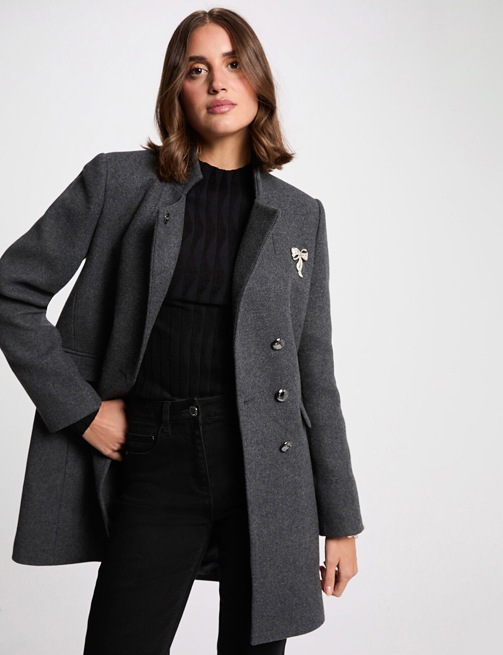 Manteau cintré bouclette gris foncé femme