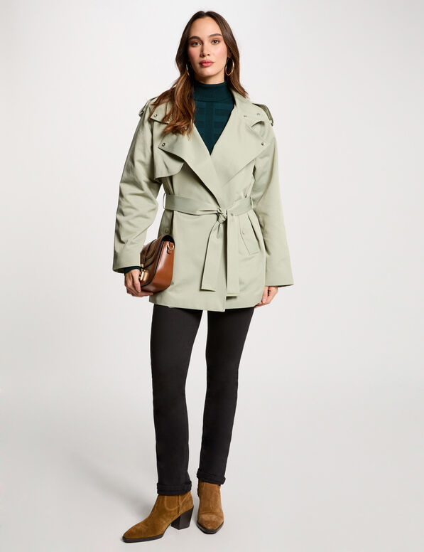 korte vloeiende trenchcoat lichtgroen vrouw Korte vloeiende trenchcoat lichtgroen vrouw