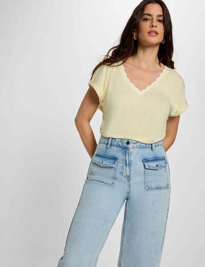 T-shirt col v manches courtes jaune pastel femme