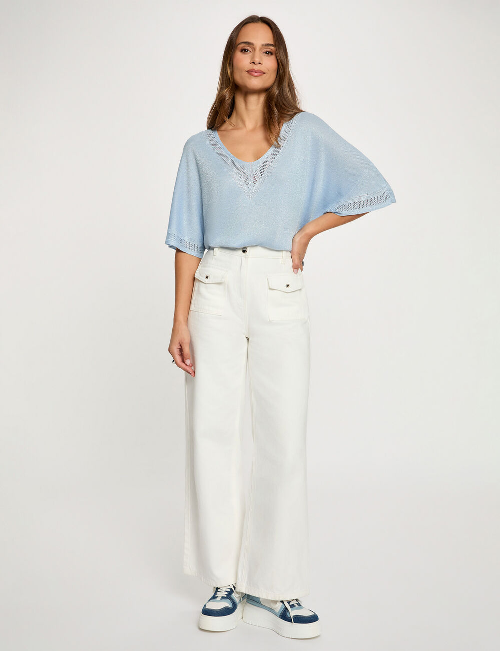 Trui V-hals en korte mouwen hemelsblauw vrouw