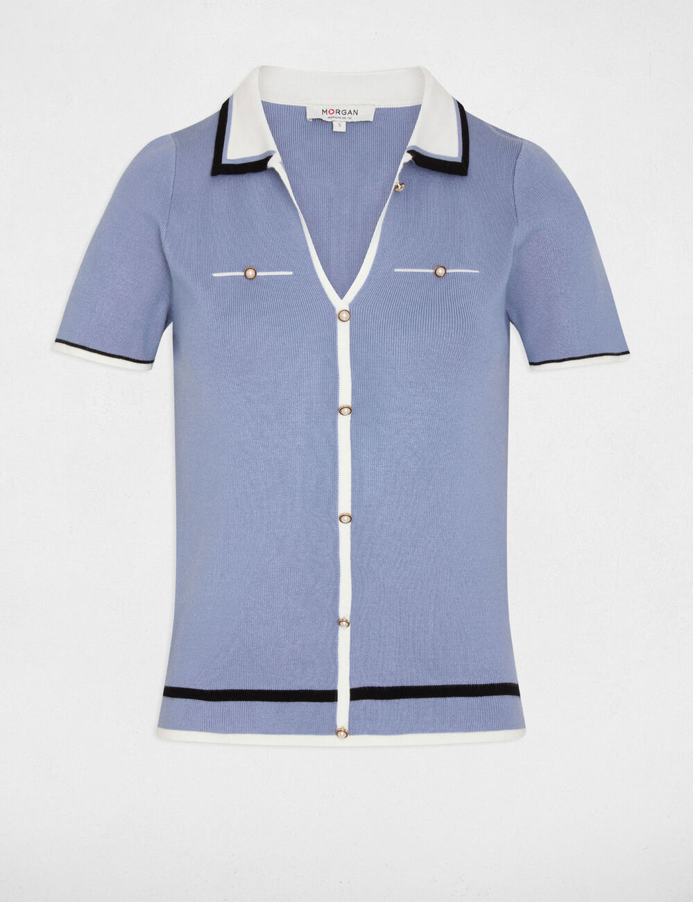 Pull col polo manches courtes bleu femme