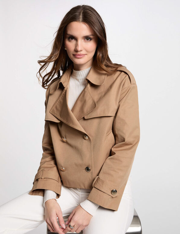 Korte trenchcoat met knopen camel vrouw