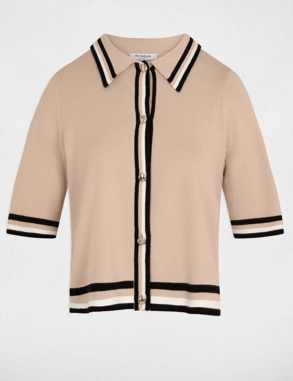 Gestreepte trui met korte mouwen beige vrouw