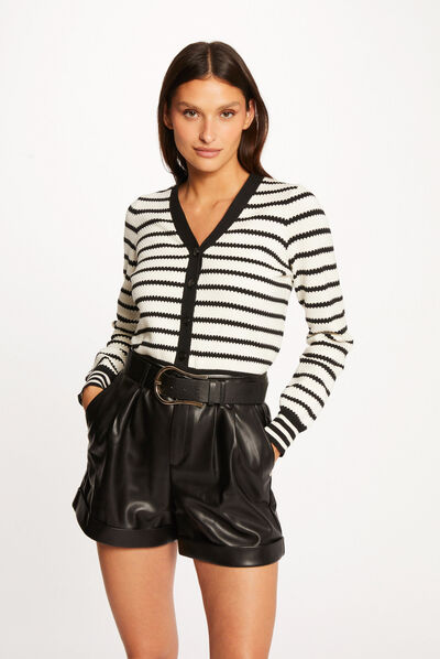 Gilet boutonné col en V à rayures ecru femme