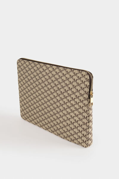Pochette ordinateur imprimé monogramme beige femme