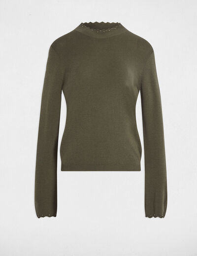 Pull ajusté col rond vert kaki femme