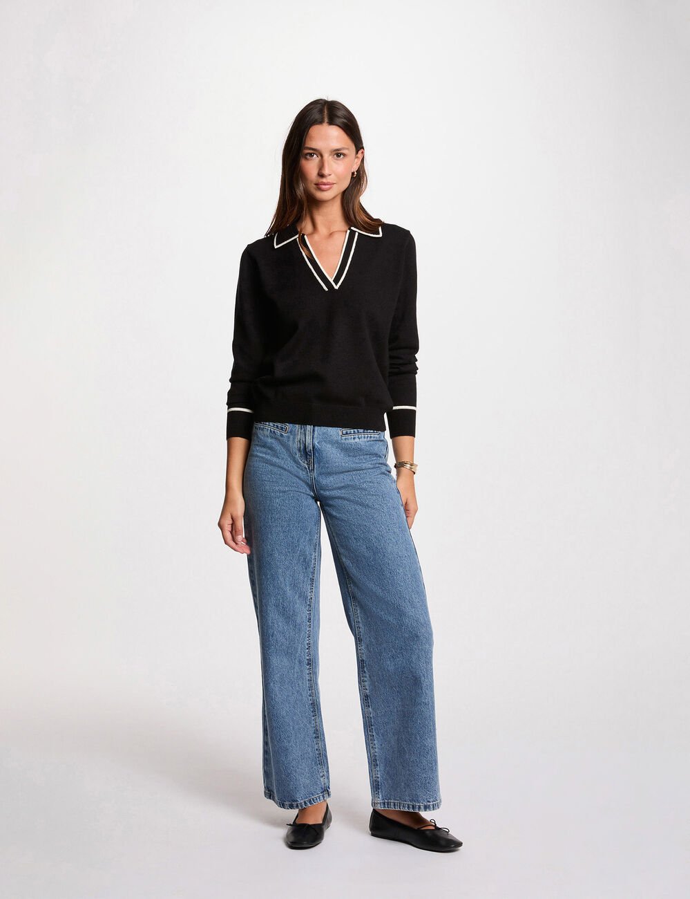 Pull col polo noir femme
