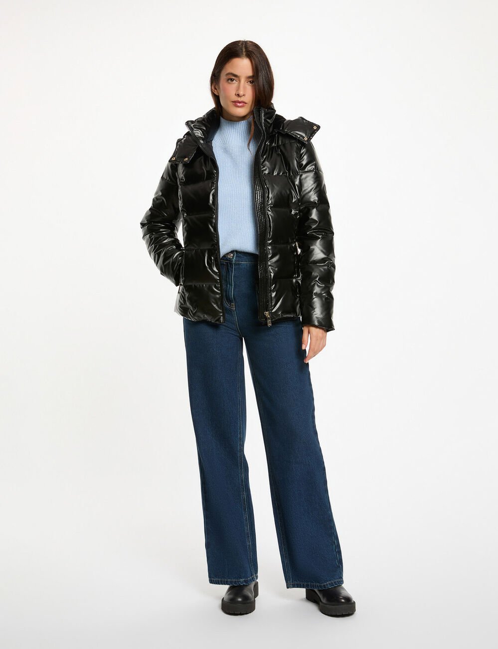 Doudoune courte brillante noir femme