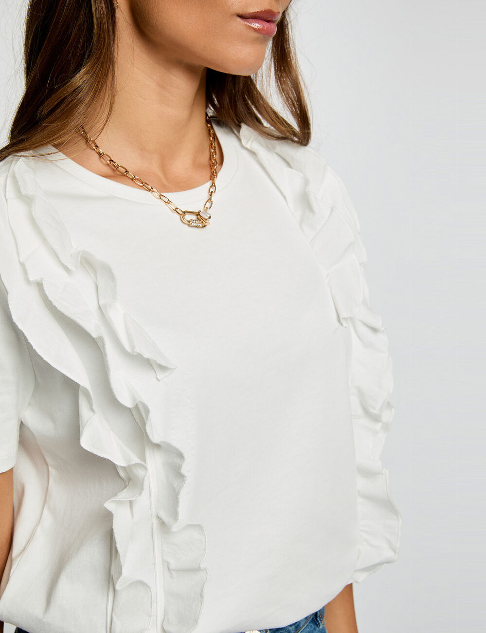 T-shirt met ruches helder wit vrouw