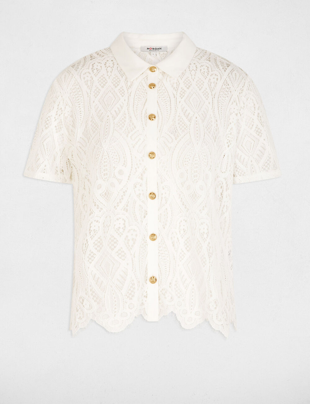 Chemise dentelle col &agrave; revers blanc femme