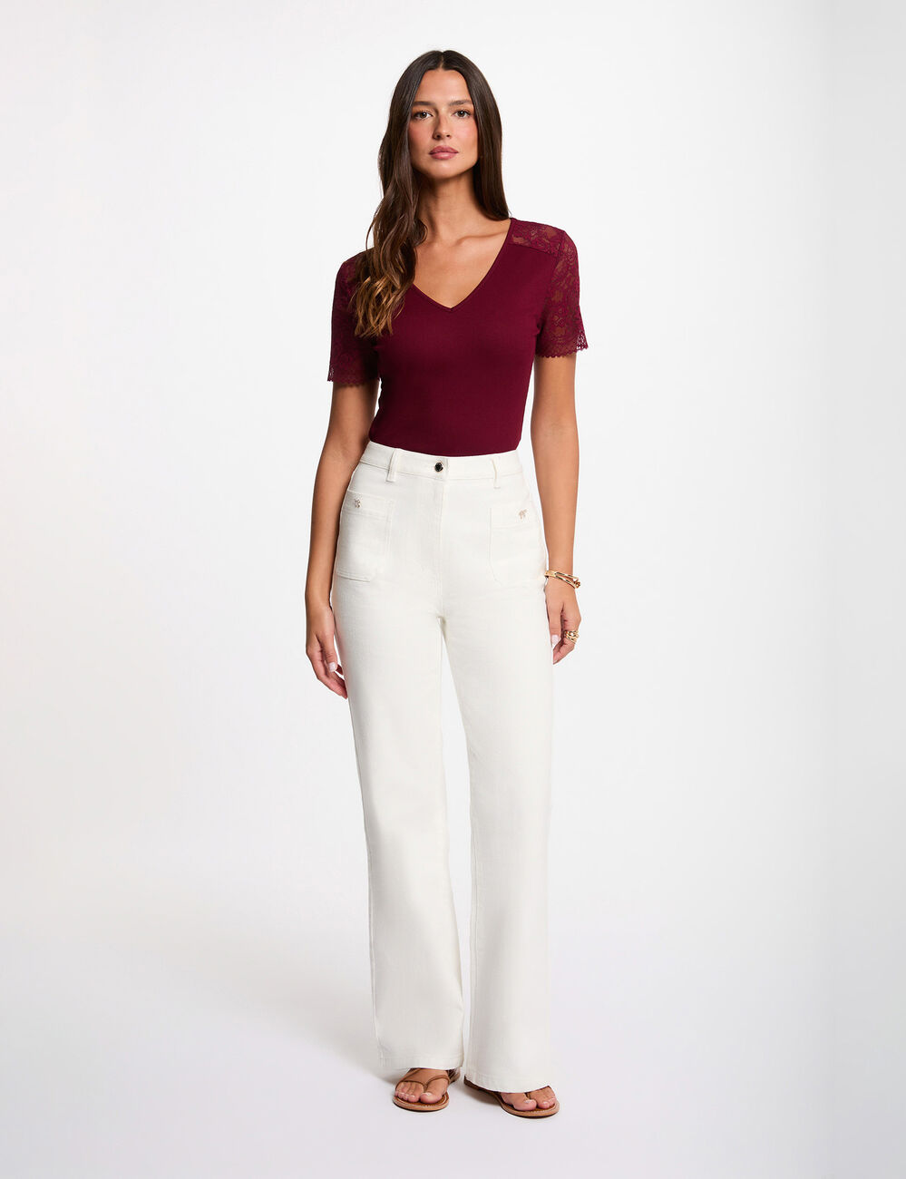 Kant T-shirt met V-hals bordeaux vrouw