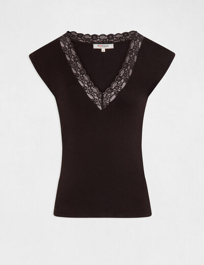 T-shirt manches courtes &agrave; dentelle noir femme