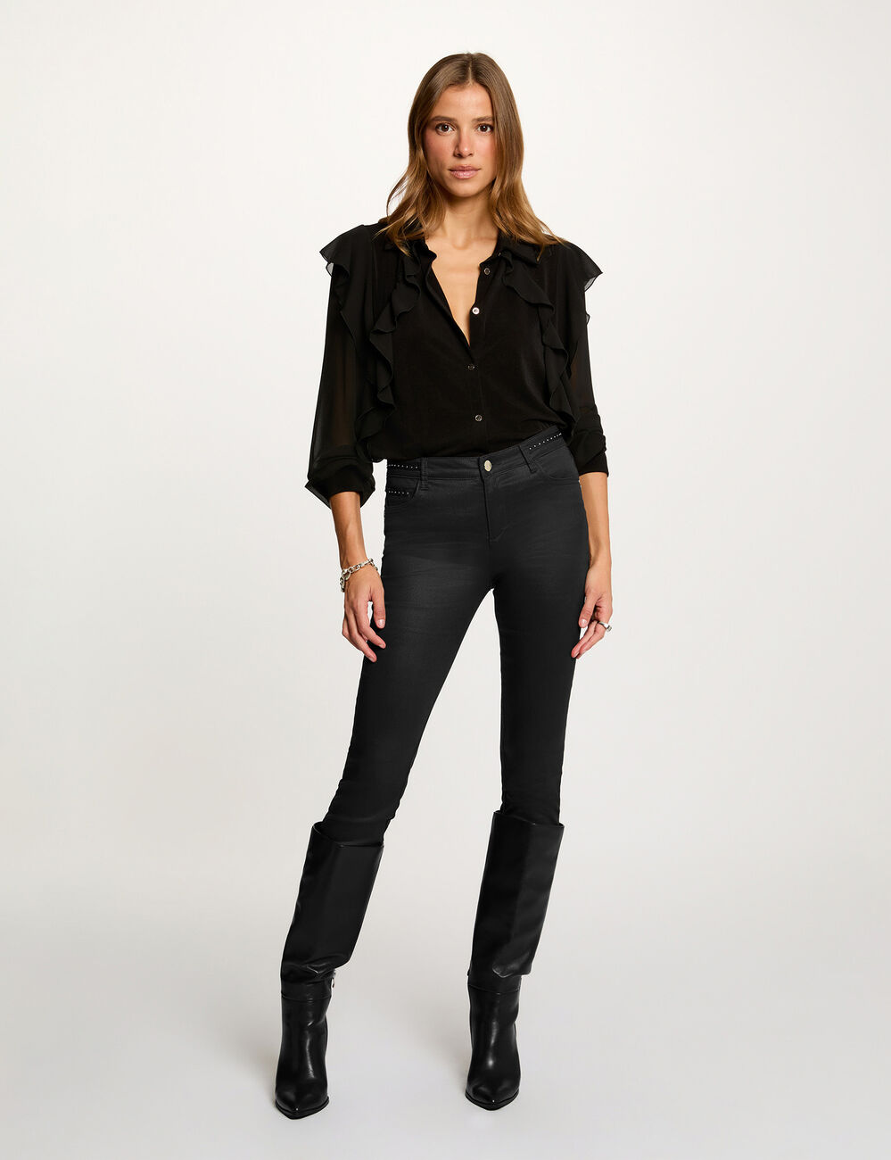 T-shirt voile boutonné noir femme