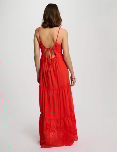 Robe longue fluide broderie orange femme