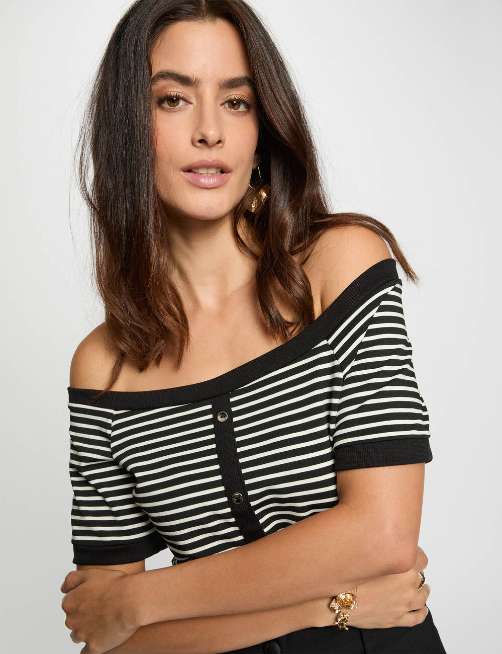 Gestreept Bardot T-shirt helder wit vrouw
