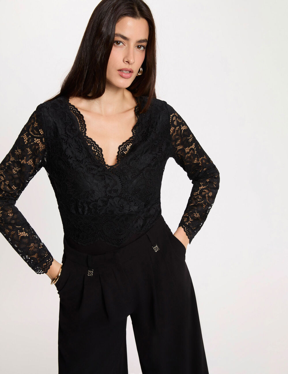 Body dentelle col v noir femme