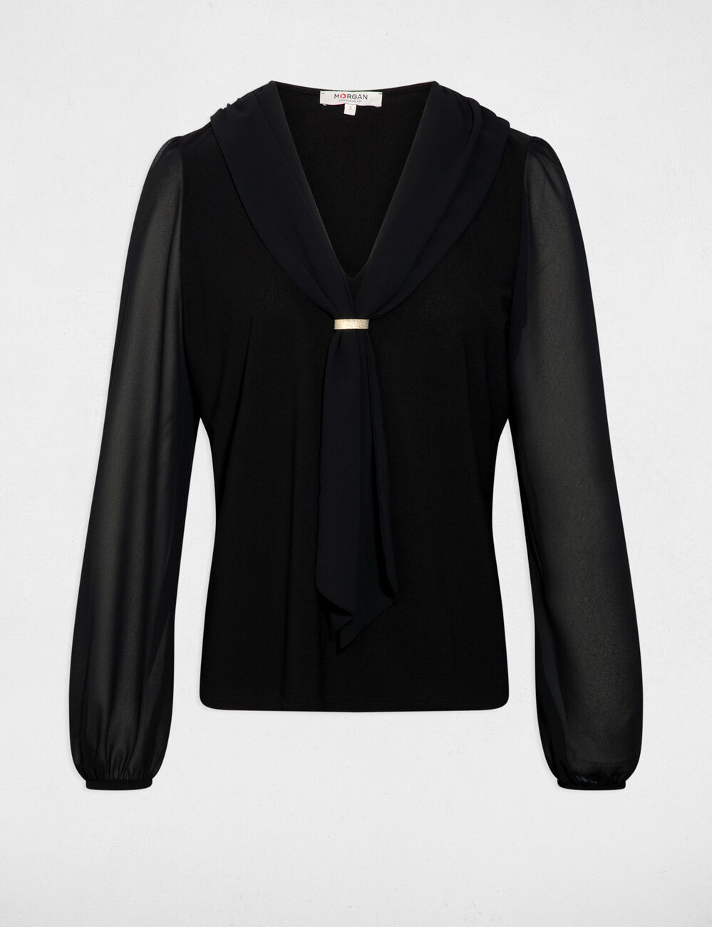 T-shirt voile col lavallière noir femme