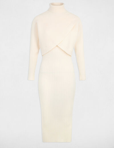 Robe tricot col roul&eacute; ivoire femme