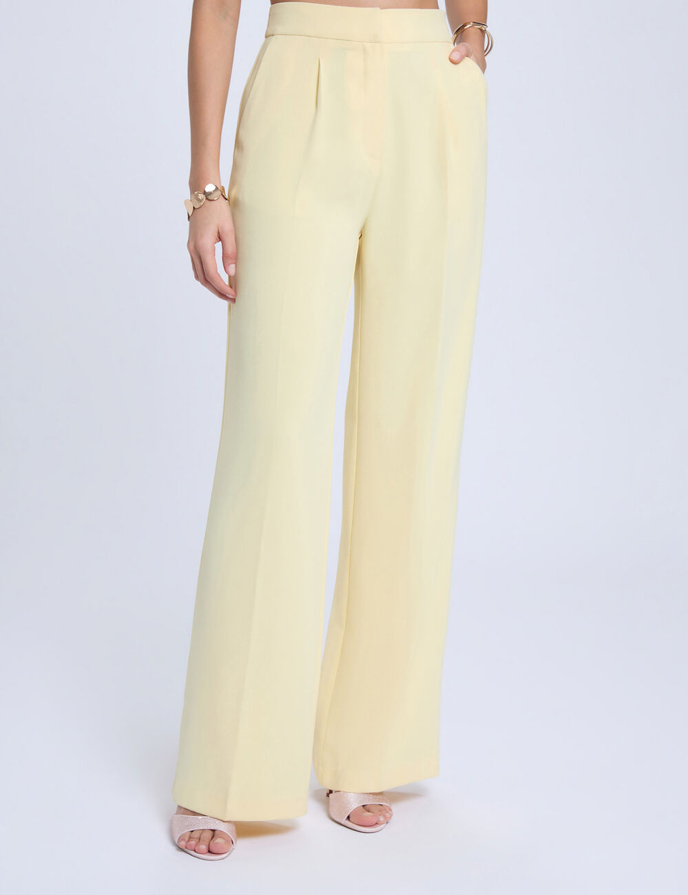 Pantalon large taille haute jaune clair femme