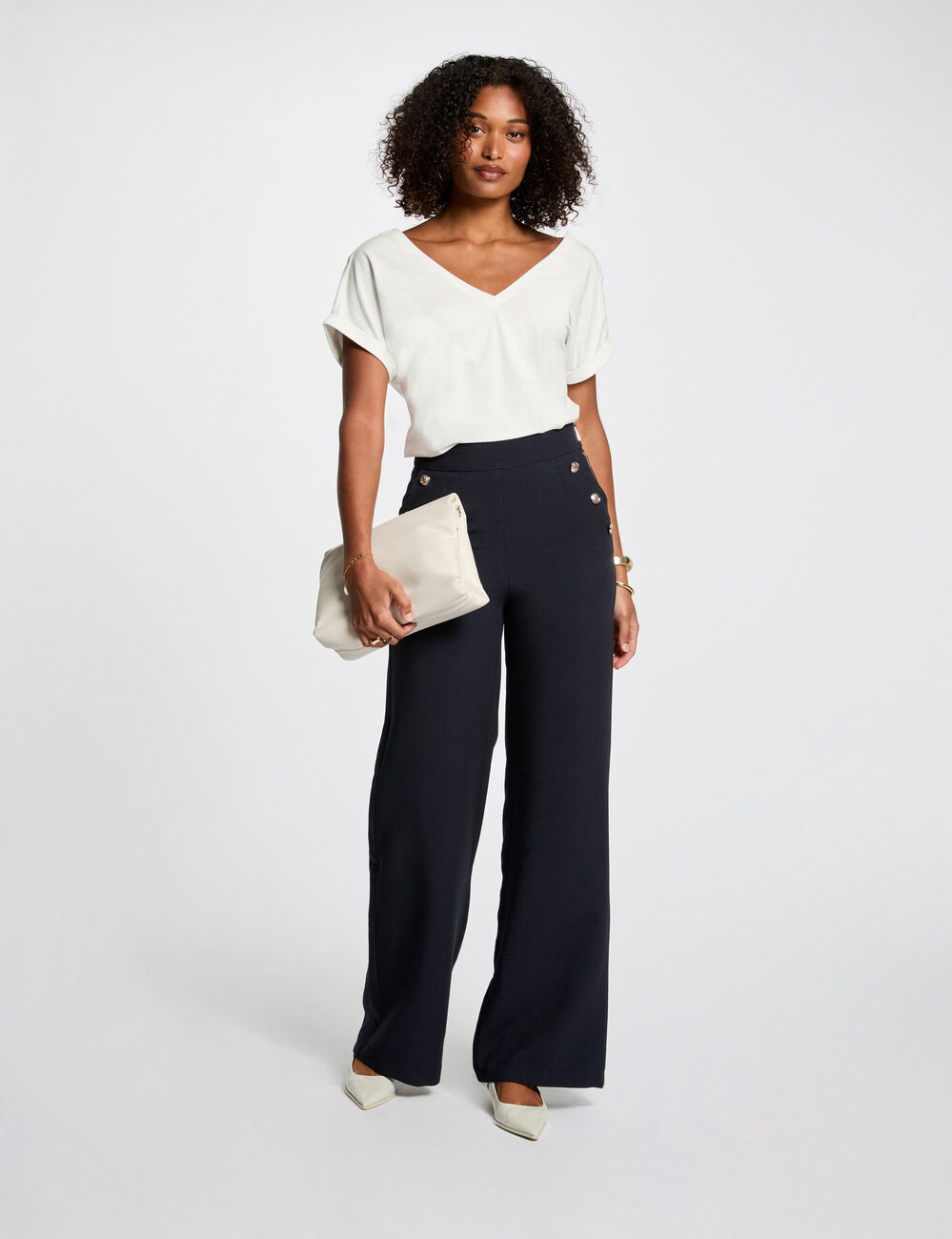 Wijde broek met knopen marineblauw vrouw