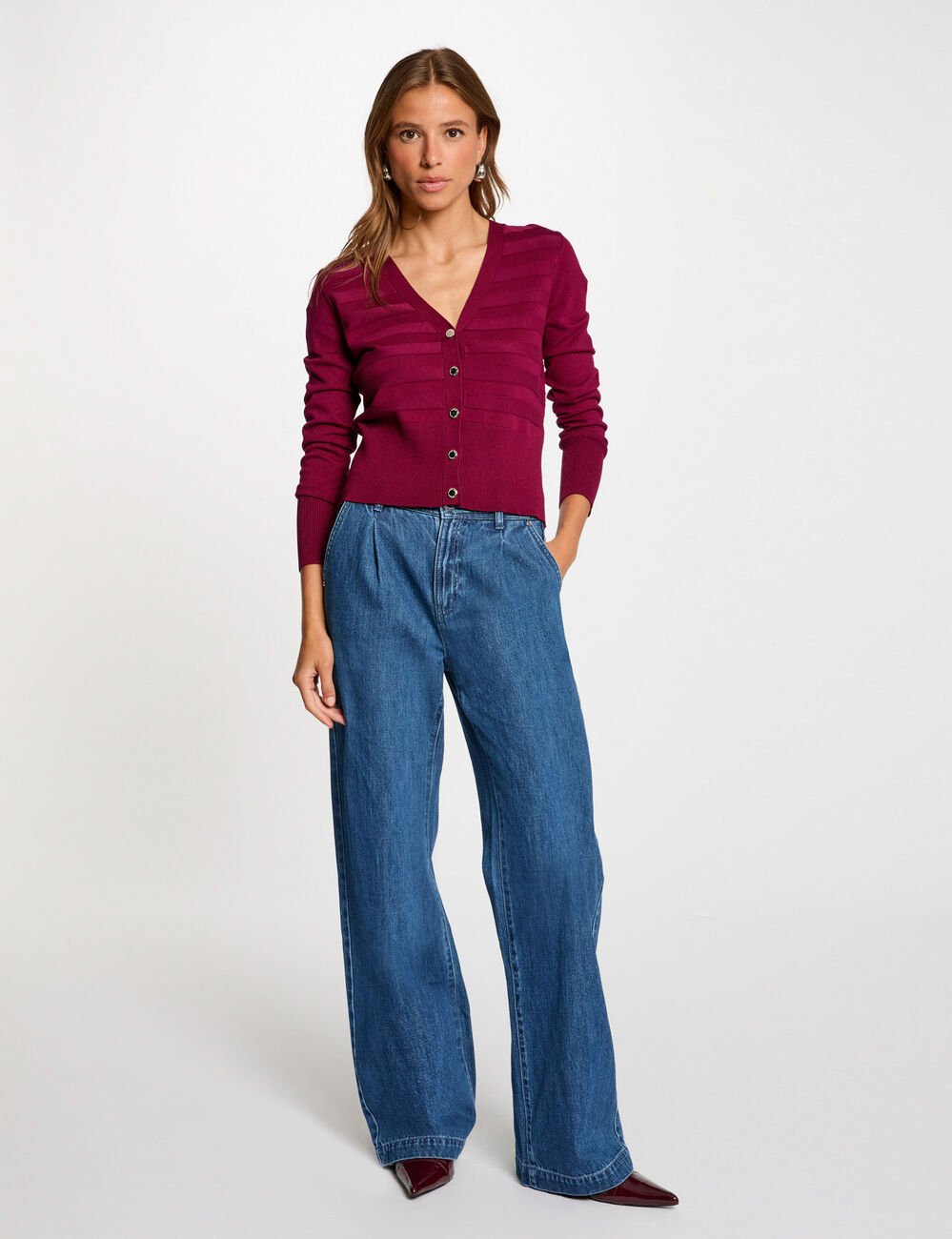 Gilet manches longues prune femme