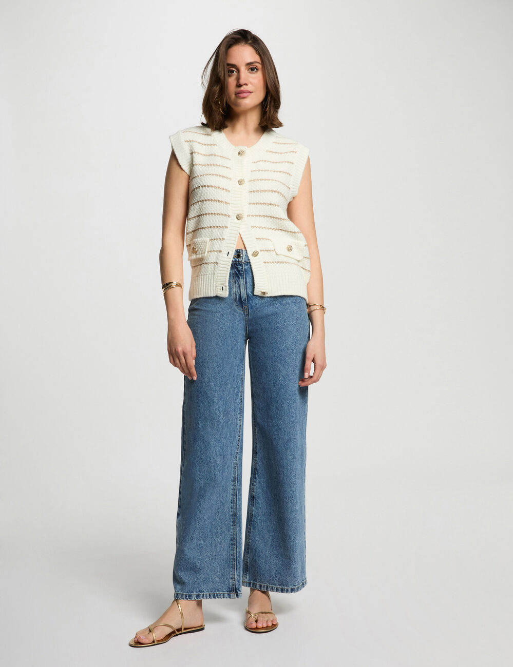 Mouwloos gestreept vest beige vrouw