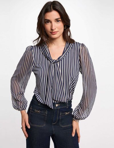 T-shirt col lavalli&egrave;re blanc femme