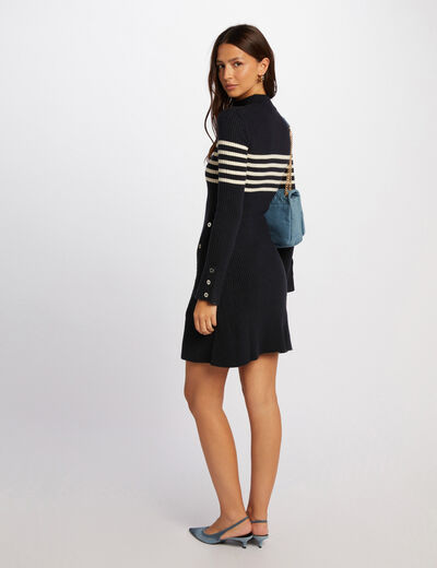 Robe tricot courte trap&egrave;ze bleu marine femme