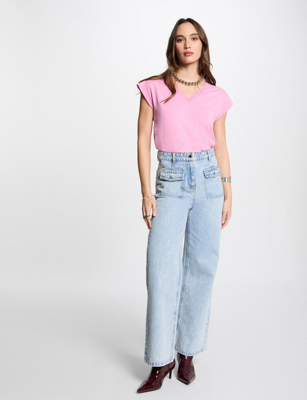T-shirt met V-hals en korte mouwen roze vrouw