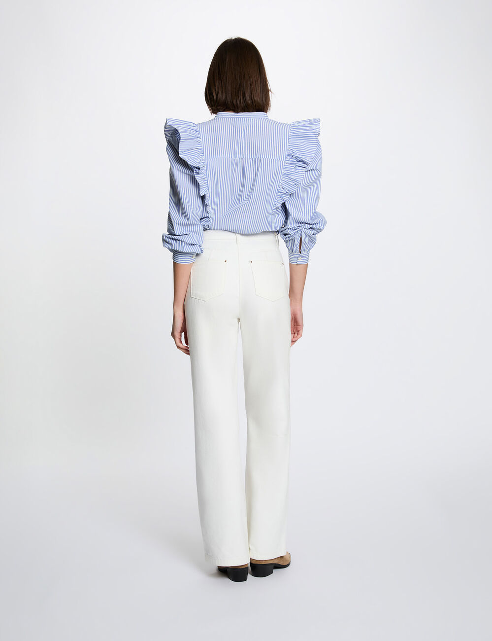 Chemise ray&eacute;e col mao bleu ciel femme
