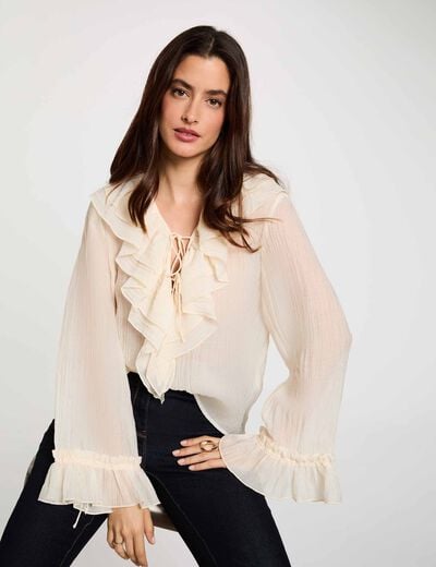 Geplooide V-hals blouse ivoor vrouw