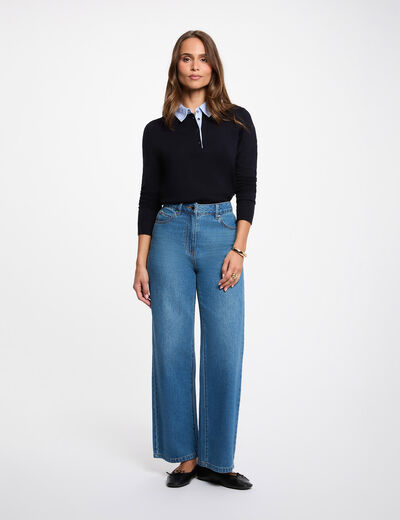 Trui met overhemdkraag marineblauw vrouw