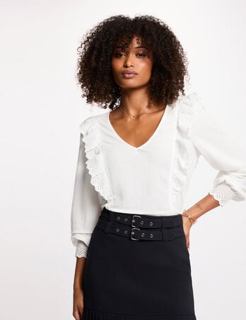 Geborduurd V-hals T-shirt helder wit vrouw